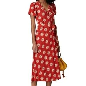 Madewell Ruffle-Edge Wrap Midi Dress Floral Daisy Daydream Orange Clay Size XL